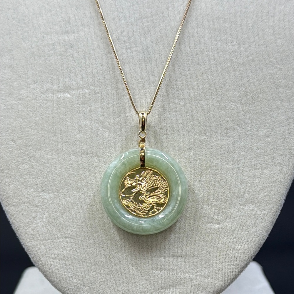 Elegant Gold over Sterling Silver Necklace with 14kGold Dragon and Jade Pendant